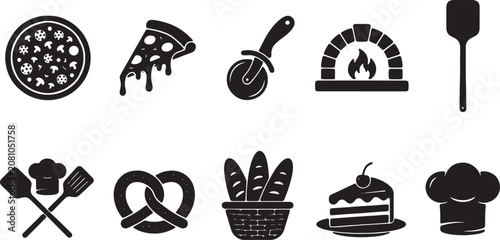 Cuadro en lienzo Professional pizzeria kitchen utensils collection including pizza oven crust cutter spatulas bread basket and cake slices for restaurant menus