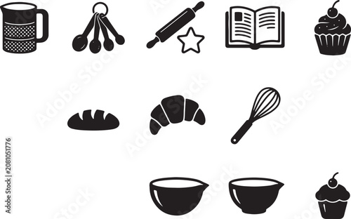 Photos Set of kitchen baking tools vector collection featuring mixing bowls whisk flour sifter rolling pin and delicious cupcakes for professional cooking