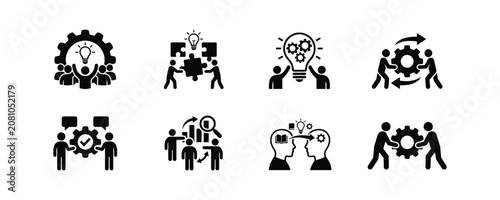 Business teamwork collaboration icon set workflow optimization puzzle idea generation silhouette vector isolated on white background