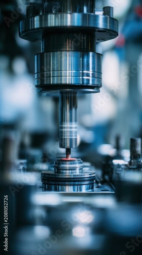 Industrial precision machinery performing automated metalworking process in a high-tech manufacturing facility with focused robotic equipment and blue tones