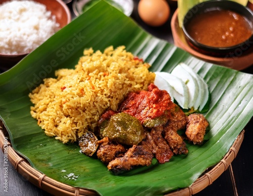 delicious indonesian traditional food on banana leaves