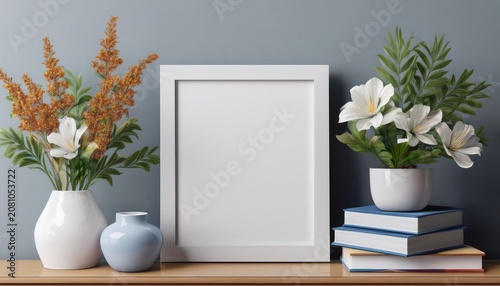 mockup poster vertical frame close up in coastal style interior with flowers books and minimal pot on white shelf 3d render