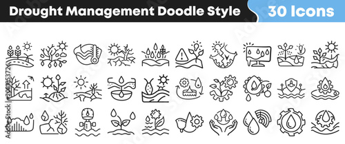 Tableau sur toile Set of thirty black and white drought management doodle icons