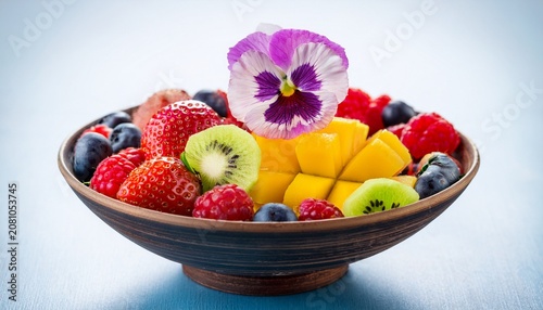 bowl of fruit and berries topped with a flower
