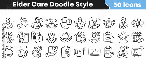 Set of black and white doodle style elder care icons