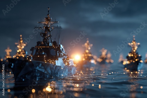 Illuminated navy warships sailing in formation on a calm sea under a cloudy sky at dusk with glowing lights reflecting on the water surface