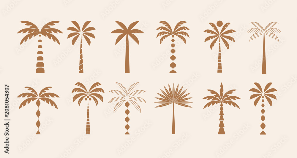 Fototapeta premium Abstract minimal tropical palm tree logos and icons collection for boutique hotels, luxury resorts and island hospitality brands.