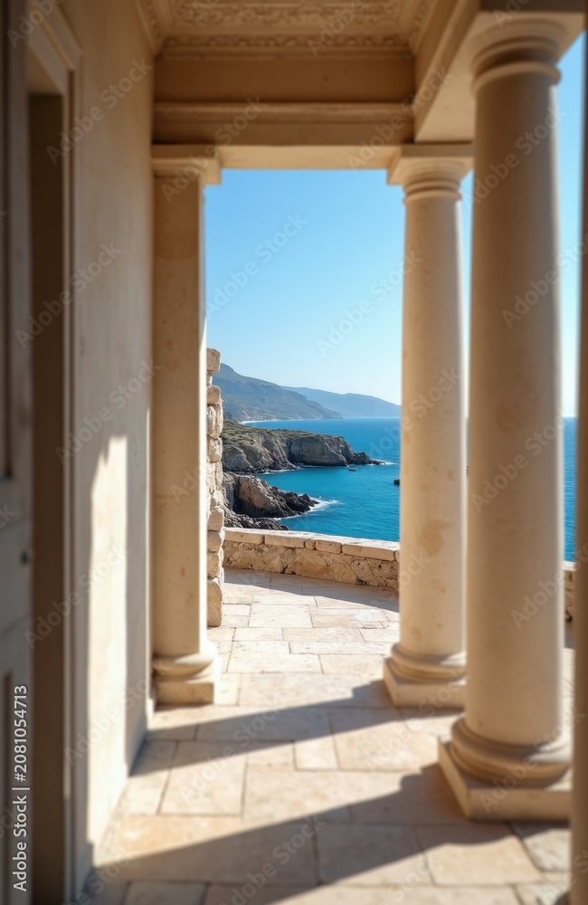 Fototapeta premium View from antique building colonnade to blue ocean sea and rocky shore. Sunny day with clear sky over island coastline. Architecture frames seascape.