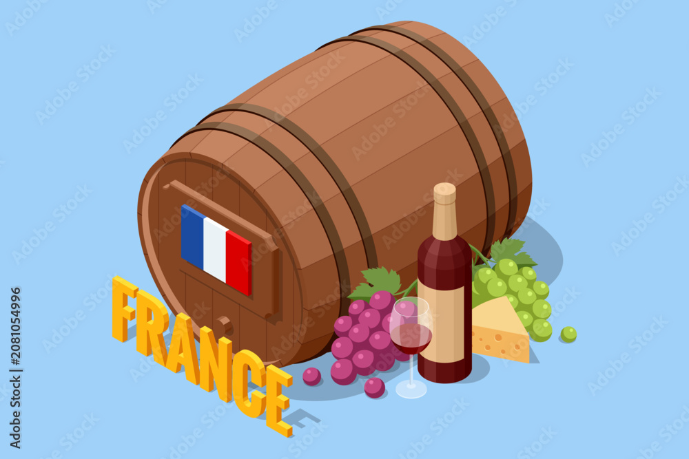 Fototapeta premium Isometric French wine concept with wooden barrel, bottle, grape and cheese on blue background. Winery illustration presents France, viticulture, cellar tradition and premium beverage culture