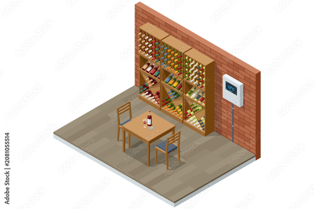 Fototapeta premium Isometric wine cellar interior with bottle rack, tasting table, chairs and climate control, showing organized storage and degustation concept for home collection, sommelier or winery use