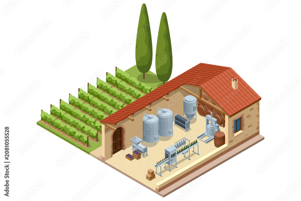 Fototapeta premium Isometric winery building with vineyard rows, cellar equipment and bottling zone in a rustic estate. Industrial wine production illustration shows vinification, storage and farm business