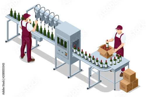 Cuadro en lienzo Wine production illustration shows grape processing, labor and factory workflow