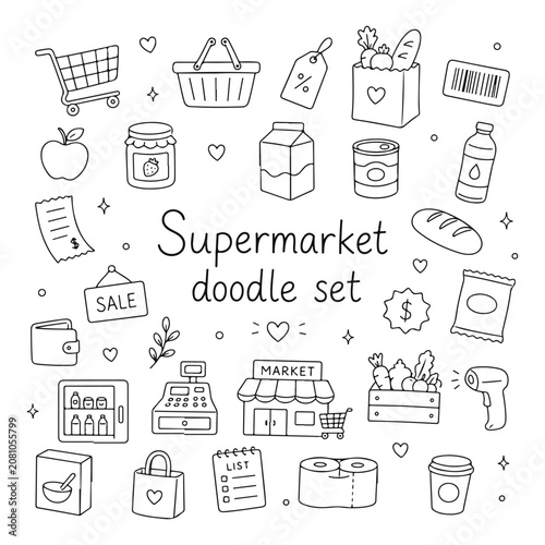 Supermarket doodles set. Hand drawn vector doodle set on white background