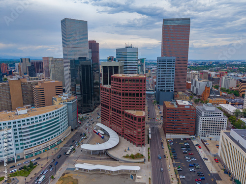 Denver modern skyline aerial view on Lincoln Street in downtown Denver, Colorado CO, USA. 