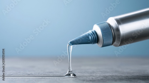Adhesive tube with blue nozzle dispensing clear glue onto a smooth gray surface, showcasing the fluidity and texture of the adhesive material in a close-up view
