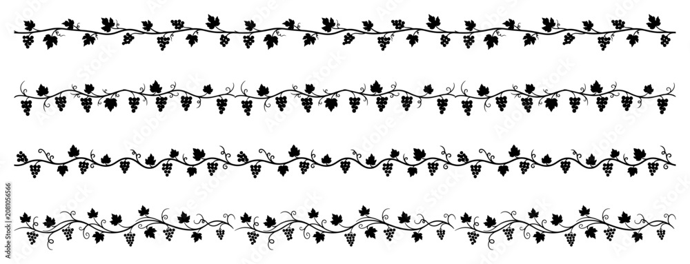 Fototapeta premium Grapevine Border Pattern Set with Grapes and Leaves, Elegant Vineyard Floral Ornaments for Wine Label Design, Vector Illustration