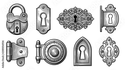Vintage Antique Lock and Keyhole Collection, Engraved Decorative Door Hardware Elements, Victorian Style Keyholes and Padlock Vector Illustration