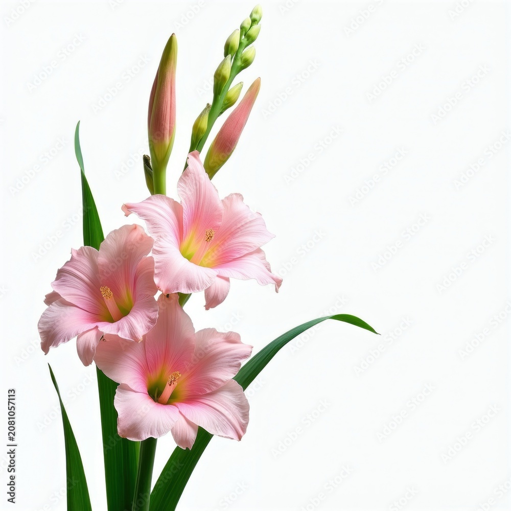 Fototapeta premium Delicate pink gladiolus flowers bloom with green leaves against clean white backdrop. Several buds promise future blossoms on tall stem. Elegant floral arrangement brings natural beauty, freshness.