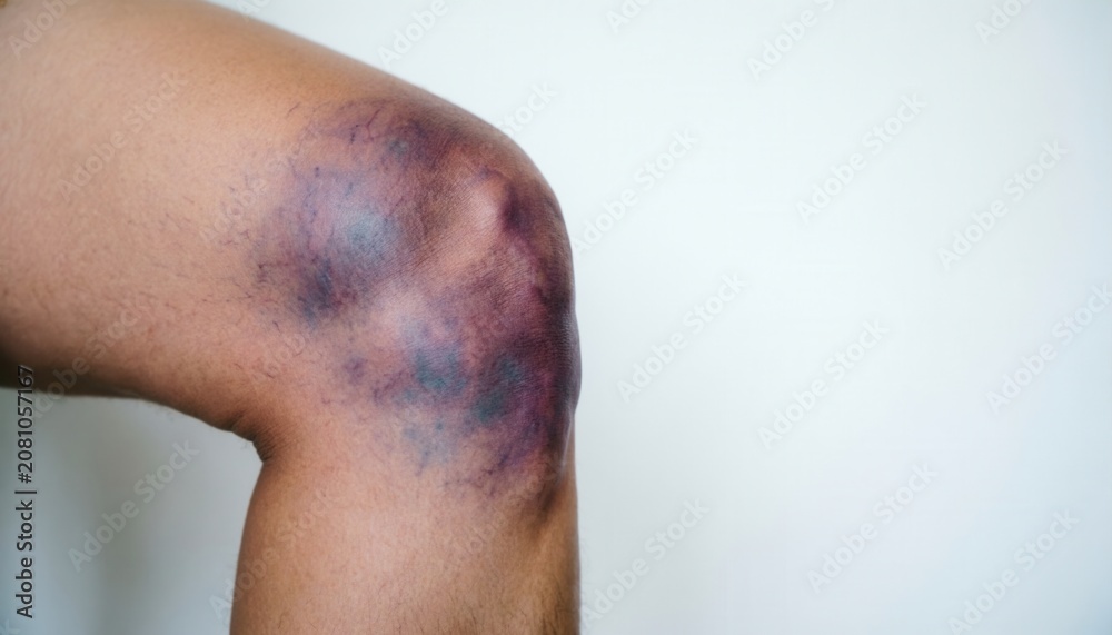 Naklejka premium Close-up of a human knee with severe purple and blue bruising and localized swelling, surrounded by clean white copy space on the right for medical trauma injury concept.