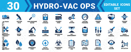 Fotografía Set of 30 hydro vac operations icons featuring industrial equipment and construction site utility tools Minimal solid fill icon set bundle collection