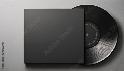 minimalist mock up of an empty square music album sleeve with a black vinyl disc
