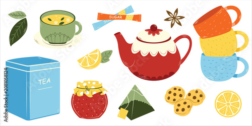 Fotografie Tea Time Icon Set, Teapot Teacup Cookies and Lemon Flat Illustration for Cafe an