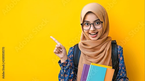 Cheerful Student Wearing Hijab and Glasses Holding Notebooks Pointing Aside at Copy Space Yellow Background Education Online Learning Academic Success Young Woman Back to School 