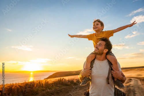 Pai carregando filho nos ombros em uma trilha ao pôr do sol - Conceito de aventura, liberdade, herói e conexão entre pai e filho.
