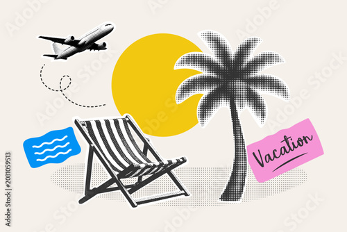 Summer vacation collage with beach chair, palm tree, airplane and sun in retro halftone style, trendy travel illustration with lettering for poster, banner and branding.