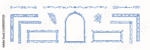 Fotografie Set of hand drawn doodle greek style rectangle and arch shape frame, text box, corner, divider, separator
