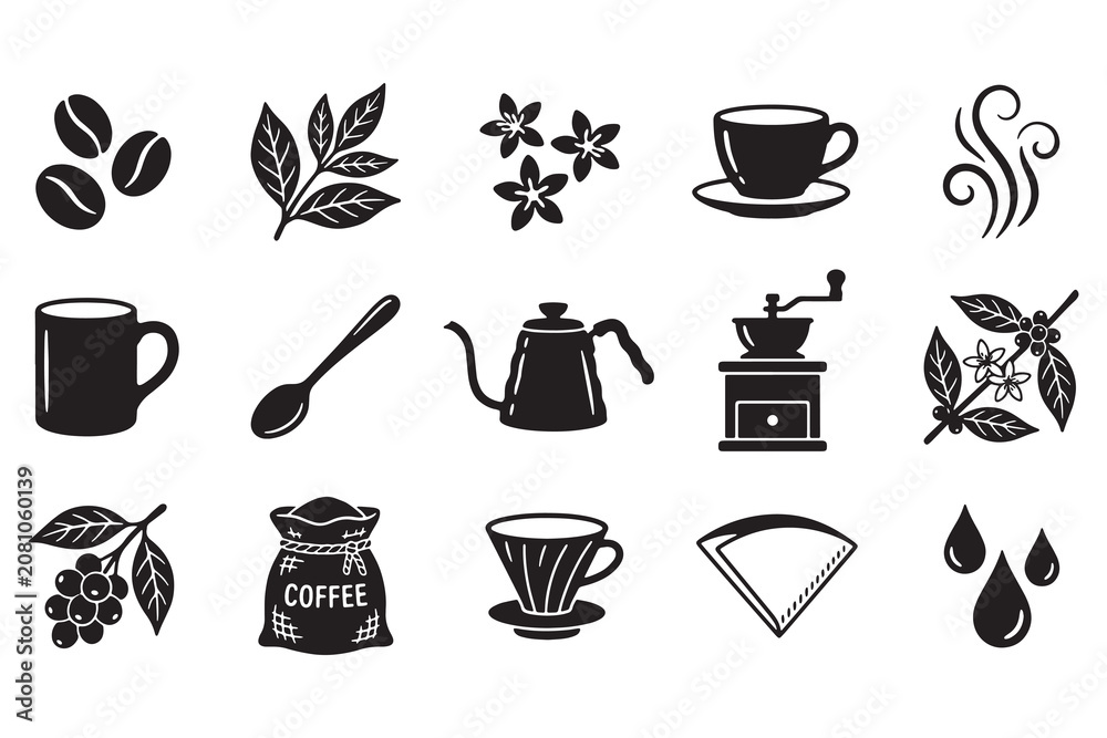 Fototapeta premium Tea and Coffee Cup Icon Set Vector Collection with Hot Drink Mug Cafe Beverage Symbols Silhouette Illustration for Kitchen Breakfast and Food Design