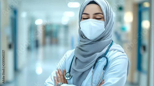 Muslim Female Doctor Wearing Hijab and Face Mask Professional Medical Portrait Healthcare Professional Uniform Stethoscope Hospital Staff Clinical Environment Protective Gear