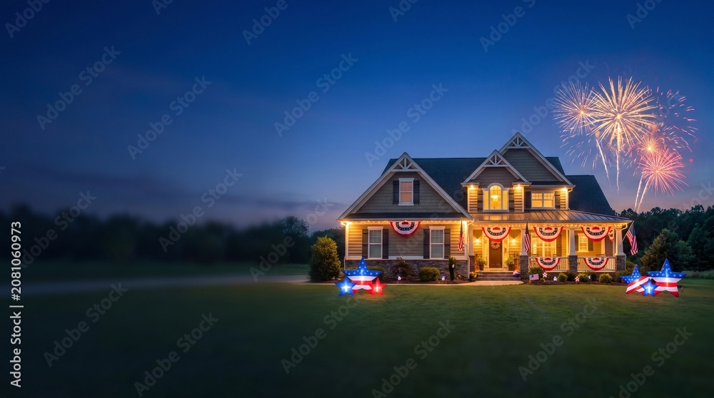 Fototapeta premium Suburban House Decorated for Independence Day with Fireworks at Night