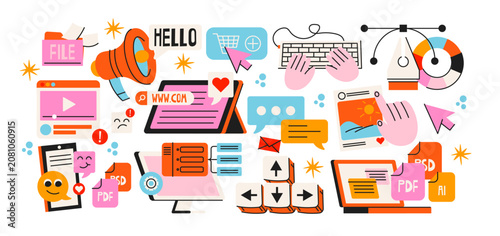 Digital marketing cartoon stickers, online business doodles with website, social media, content creation, graphic design, web development, file management and retro groovy workspace elements