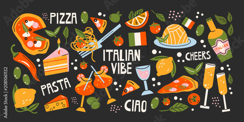 Italian food and culture stickers set in retro cartoon style.La dolce vita elements: pizza, pasta, wine, tomato. Illustration in funky, doodle style, trendy Amalfi coast labels set.