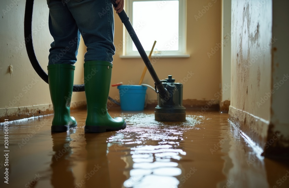 Obraz premium Person in green boots uses submersible pump to remove dirty water from flooded basement. Debris and water stains visible on walls. Cleanup work in progress.