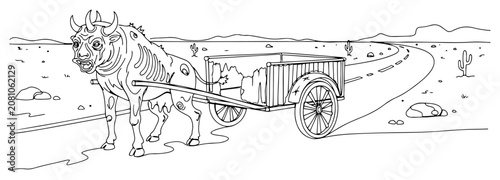 Schilderij op canvas Zombie bull pulling a cart in desert wasteland, post-apocalyptic landscape with
