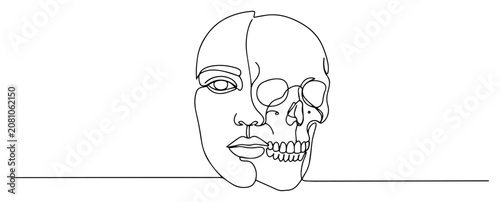 Foto Abstract duality of life and death, human face and skull profile in continuous l