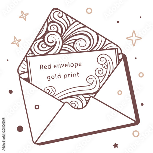 Red envelope with intricate gold print design and swirl patterns  