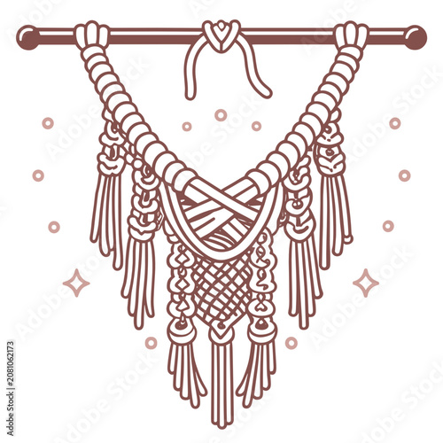 Macrame wall decor hanging with intricate patterns and knots  