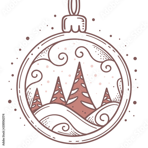 Christmas ornament with snowy trees and swirling hills design  