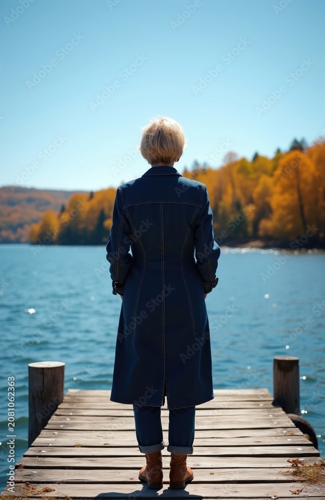 Fototapeta premium Mature woman stands on wooden pier looking at calm blue lake. Autumn trees with orange leaves surround the water. Clear sky above. Serene nature scene.