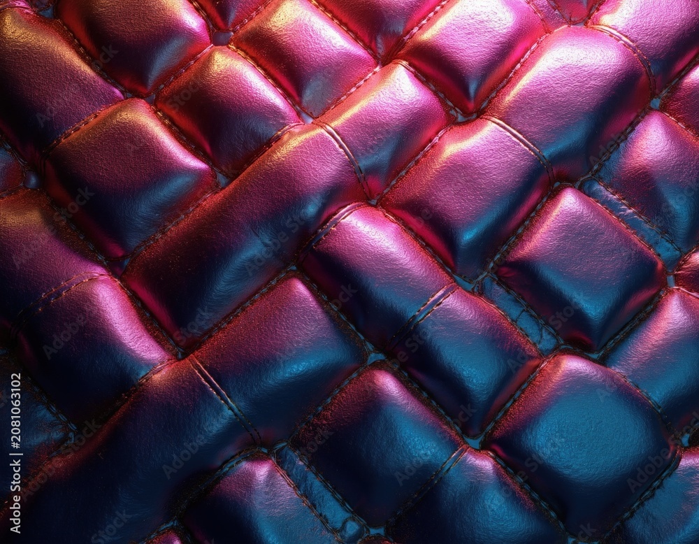 Fototapeta premium Textured pink and blue quilted upholstery with stitched diamond pattern. Soft padded material, rich luxurious surface, detailed texture, elegant decor element. Close up detail of shiny fabric.