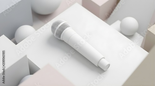 Minimalist white microphone on abstract geometric podiums, perfect for music podcasts, audio recording and sound media