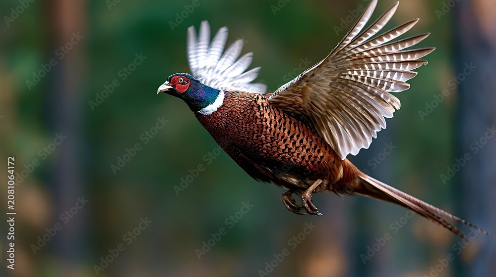Obraz premium Ring necked pheasant bird taking flight with wings spread