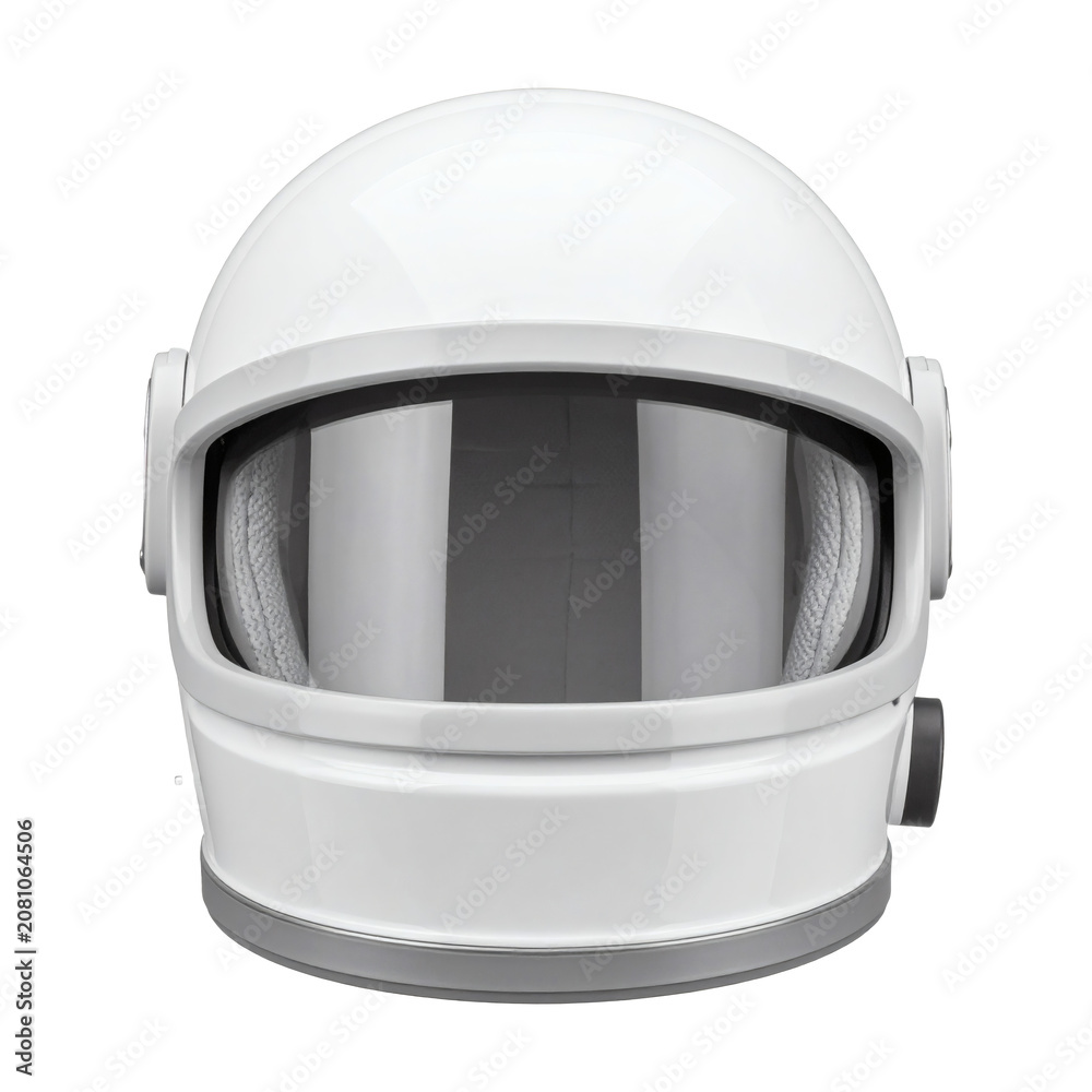 Fototapeta premium Astronaut helmet front view featuring a shiny white protective space visor isolated for design projects on transparent background