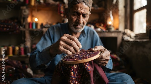 Elderly craftsman hands stitching traditional embroidery, South Asian artisan heritage