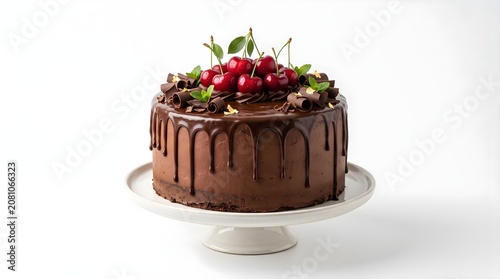 Delicious chocolate cake with fresh red cherries on top