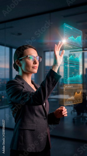 Businesswoman touching holographic revenue charts wearing smart glasses in office