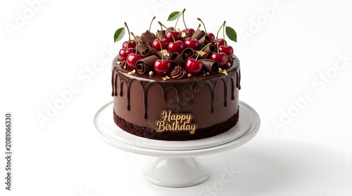 Chocolate birthday cake with fresh red cherries on top